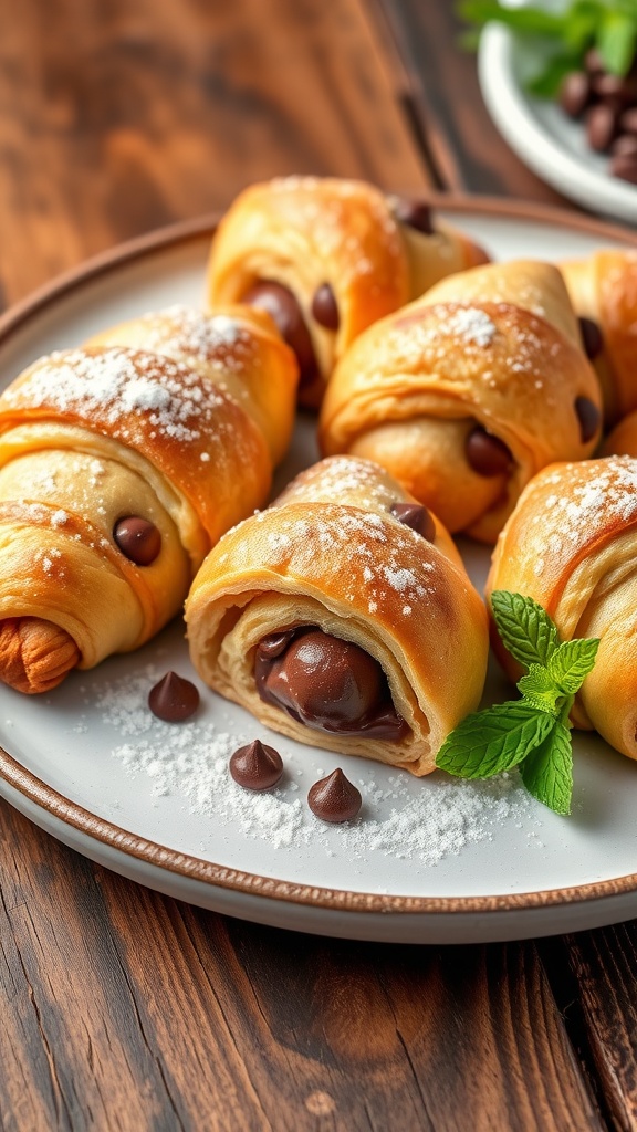Golden cookie croissants with chocolate filling, dusted with powdered sugar on a rustic wooden table.